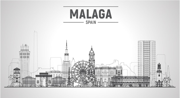 Malaga Spain Andalusia line skyline with panorama at white background Vector Illustration Business travel and tourism concept with modern buildings Image for banner or web site