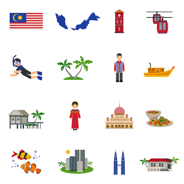 Malaysian Culture Symbols Flat Icons Set