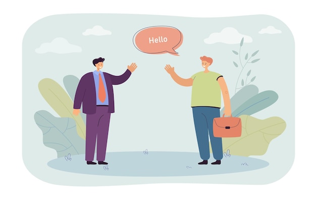 Free vector male cartoon colleagues greeting at work. coworkers saying hello and waving flat illustration