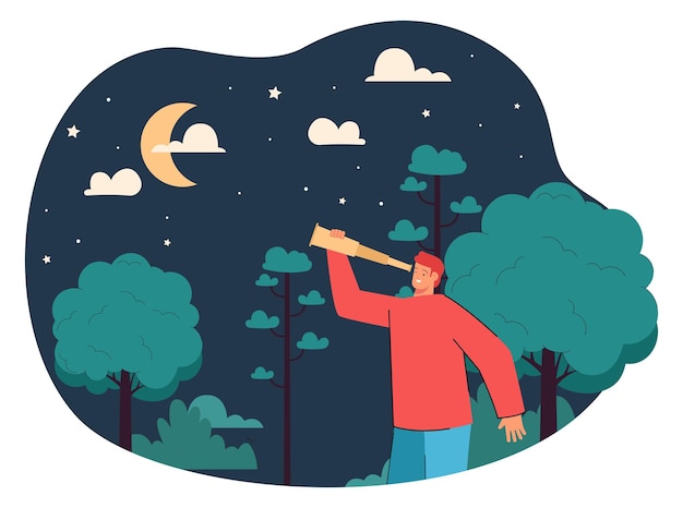 Free vector male character looking at night sky through spyglass