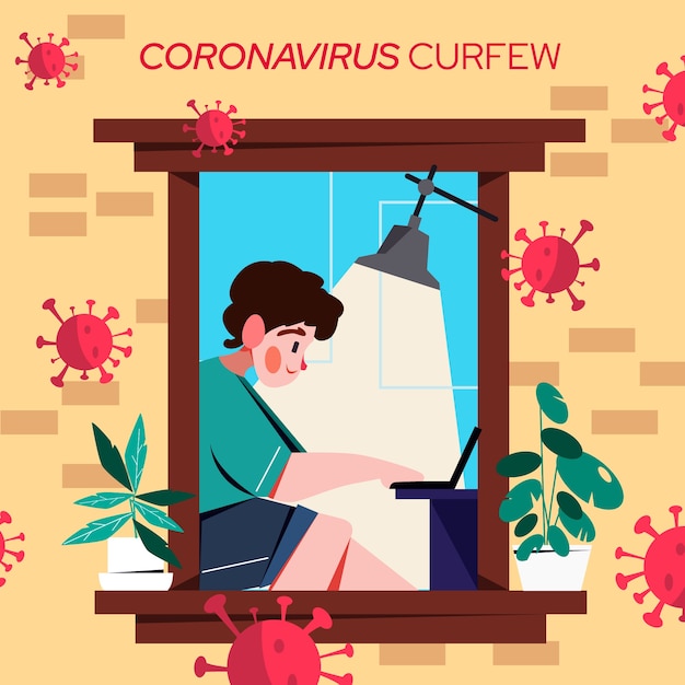 Male character working on laptop coronavirus curfew