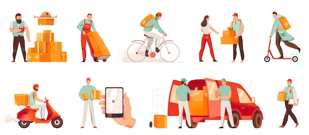 Male courier characters from delivery service delivering goods by drone car scooter motorcycle bike on foot flat icons set isolated vector illustration