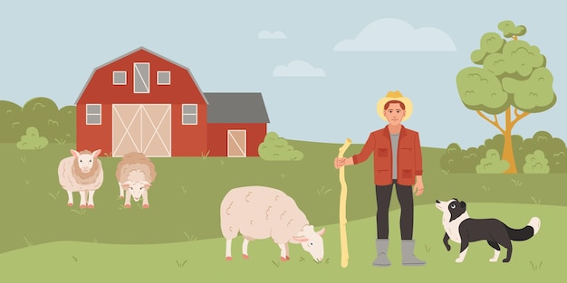 Free vector male farmer grazing sheep with shepherd dog on farm flat vector illustration