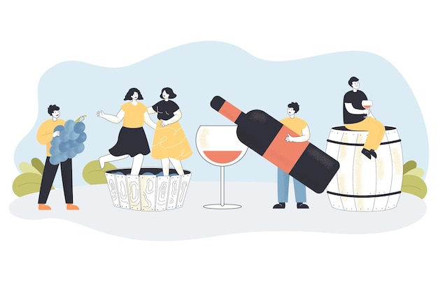 Male and female characters producing wine, holding vine, sitting on barrel and having alcohol drink. Cartoon people in process of natural winemaking flat vector illustration. Organic wine concept