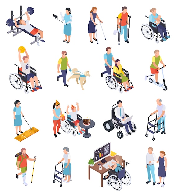 Male and female disabled people working walking doing sports isometric icons set isolated on white background 3d vector illustration