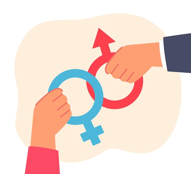 Male and female hands holding equality gender symbols. Man and woman with feminine and masculine signs flat vector illustration. Balance, parity concept for banner, website design or landing web page