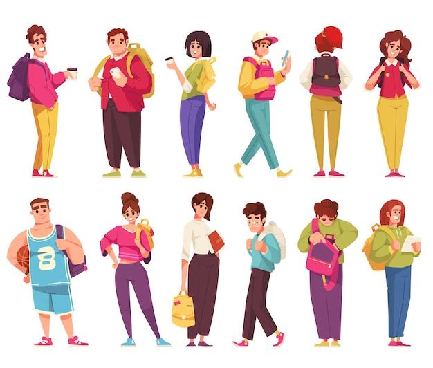 Free vector male and female students with backpacks cartoon icons set isolated vector illustration