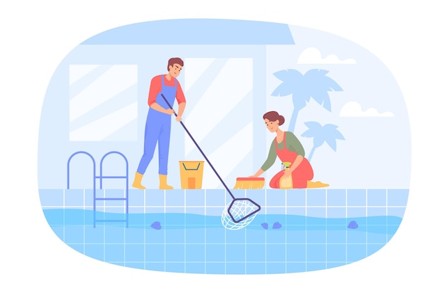 Free Vector male and female workers cleaning swimming pool