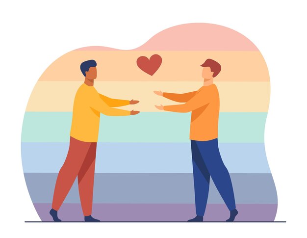 Male gay couple in love. Heart symbol, hug, rainbow background. Cartoon illustration