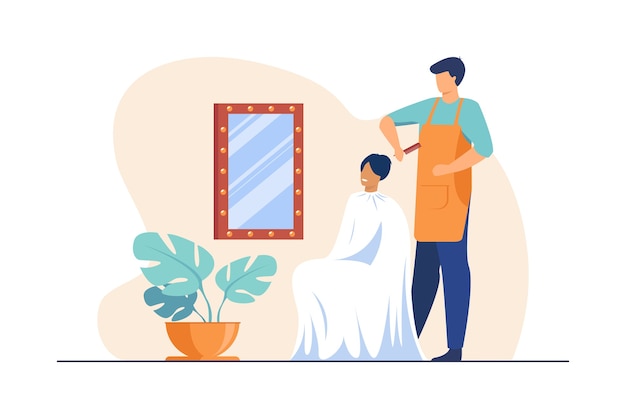 Male hairdresser brushing hair of woman. Hair stylist with comb, female customer, workplace flat illustration.