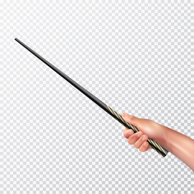 Male hand holding long black magic wand with pattern on transparent background realistic vector illustration