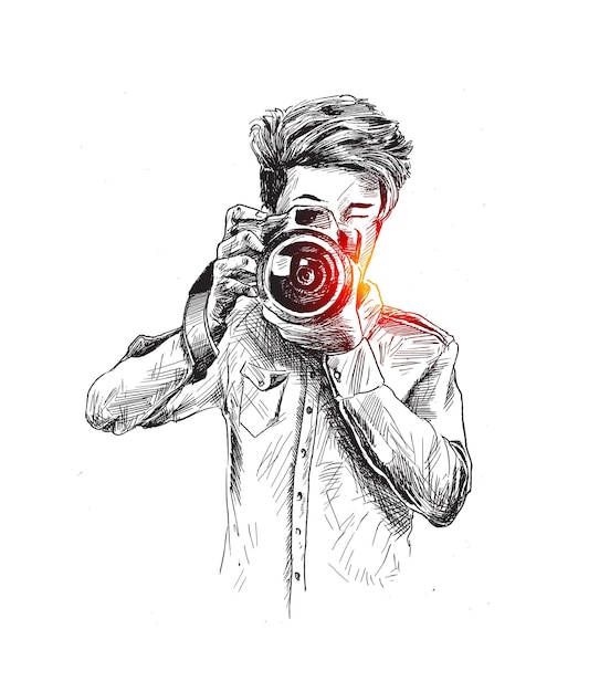 Male Photographer With Camera Hand Drawn Sketch Vector