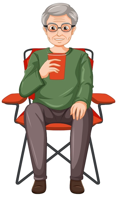 Free vector a male senior cartoon character drinking coffee on camping chair