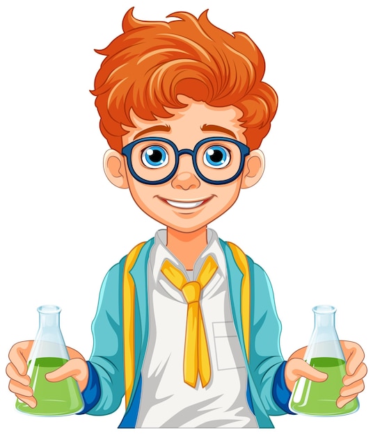 Free vector male student cartoon holding conical flask on science class expe