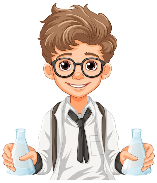 Free vector male student cartoon holding conical flask on science class expe