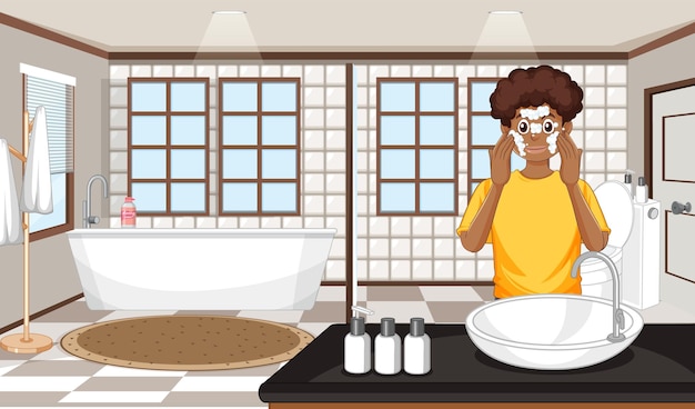 Free vector a male teen cleaning face at the sink