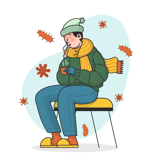 Free Vector male wearing warm clothes and having a flu