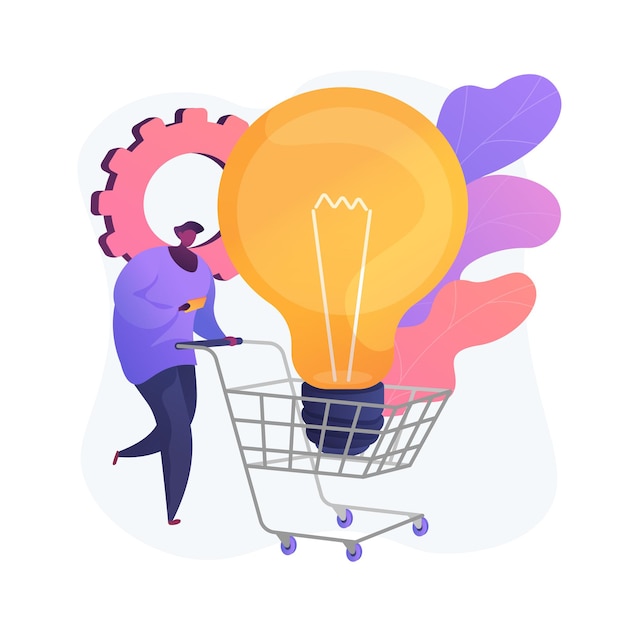 Free Vector mall shopping. consumerism, retail, commerce. male flat character with light bulb in store cart. purchase idea buying. shoppers and buyers attraction.