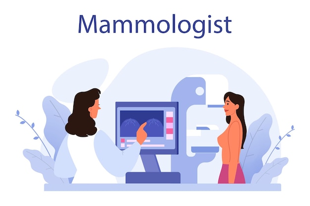 Mammologist concept Consultation with doctor about breast disease Idea of healthcare and medical examination Breast screening and mammography diagnostic of oncology Vector flat illustration