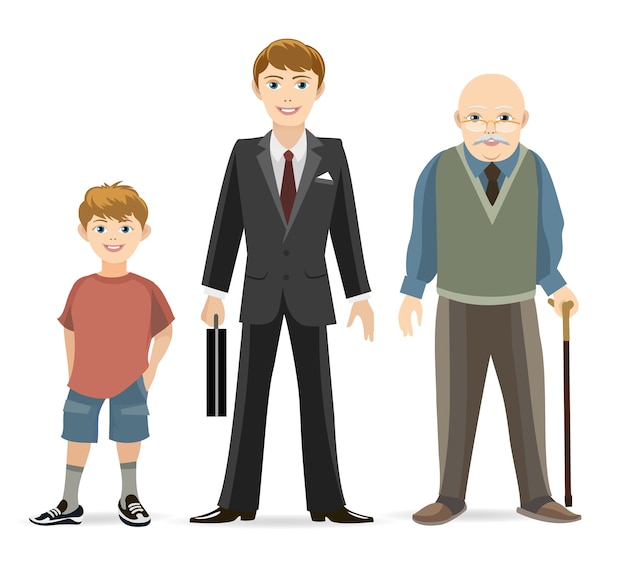 Man age progress concept illustration. Old and adult, male young, age man.