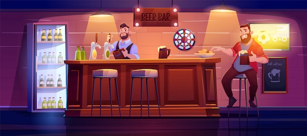 Man in beer bar sit on high stool at wooden desk