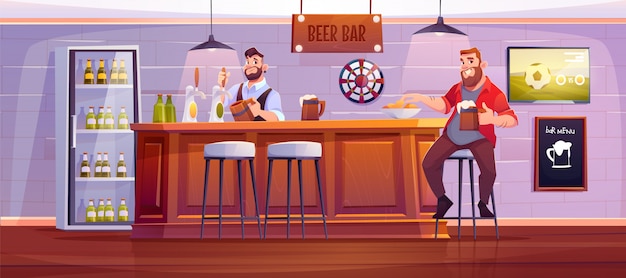 Man in beer bar. Visitor at pub sit on high stool at wooden desk with barman pouring drink to cup. Cartoon illustration