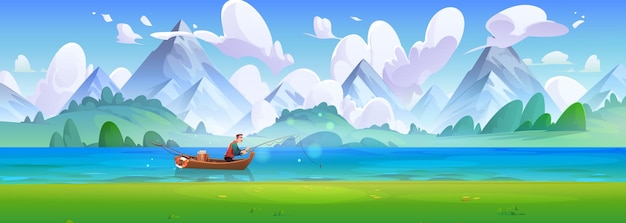 Free Vector man in boat fishing on mountain lake