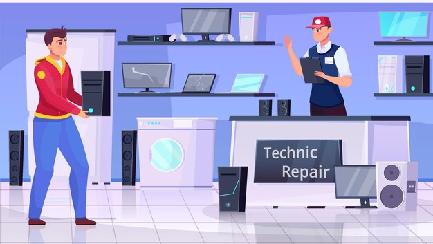 Man brings broken computer to repair office flat illustration