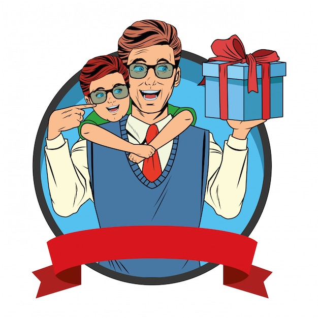 Free Vector man carrying a boy with a gift box