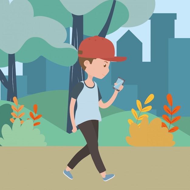 Man cartoon with smartphone in the park 