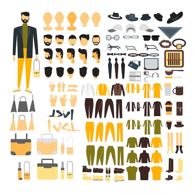 Man character set for animation with various views, hairstyle, emotion, pose and gesture.