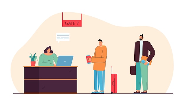 Man checking in for flight illustration. People standing in gate registration desk in airport