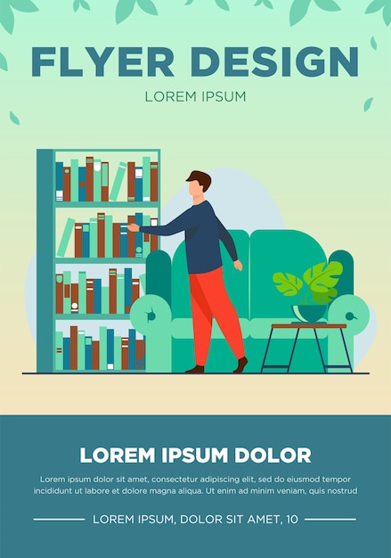 Free Vector man choosing book in home library. leisure, shelf, sofa flat vector illustration. hobby and entertainment concept for banner, website design or landing web page