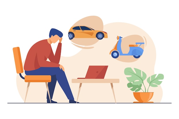 Man choosing city transport. Car, scooter, taxi, using laptop flat illustration