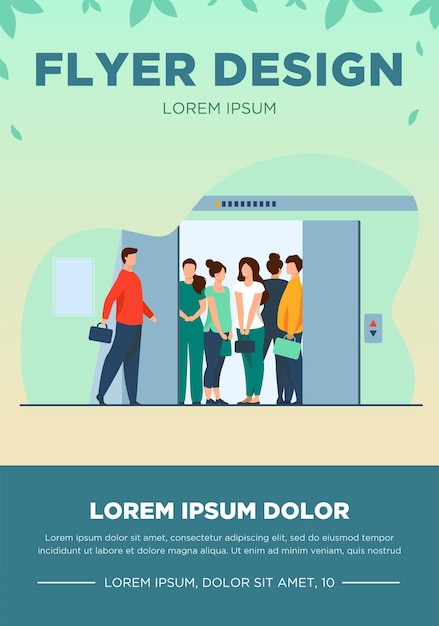 Man coming into overcrowded elevator cabin. Building hall, open doors flat vector illustration. Crowd, people in public place, social distance concept for banner, website design or landing web page