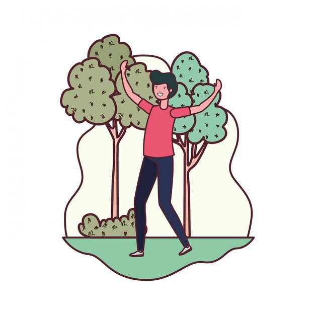 Man dancing in landscape with trees and plants