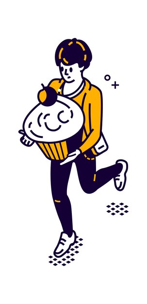 Man delivering food isometric illustration, man carries a large muffin, cake in his hands