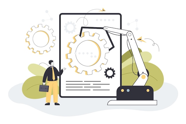 Free Vector man and digital era algorithm of ai. social system of 21st century and workforce challenge flat vector illustration. smart business process, human resources automation, artificial intelligence concept