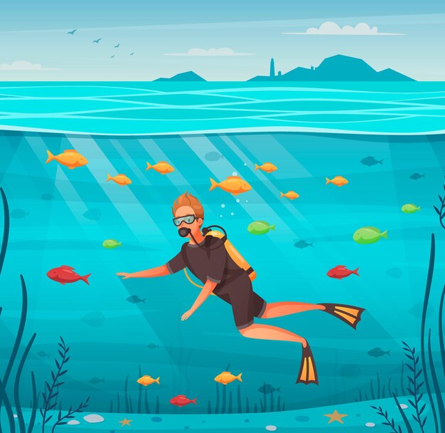 Man diving surrounded by colorful fish cartoon