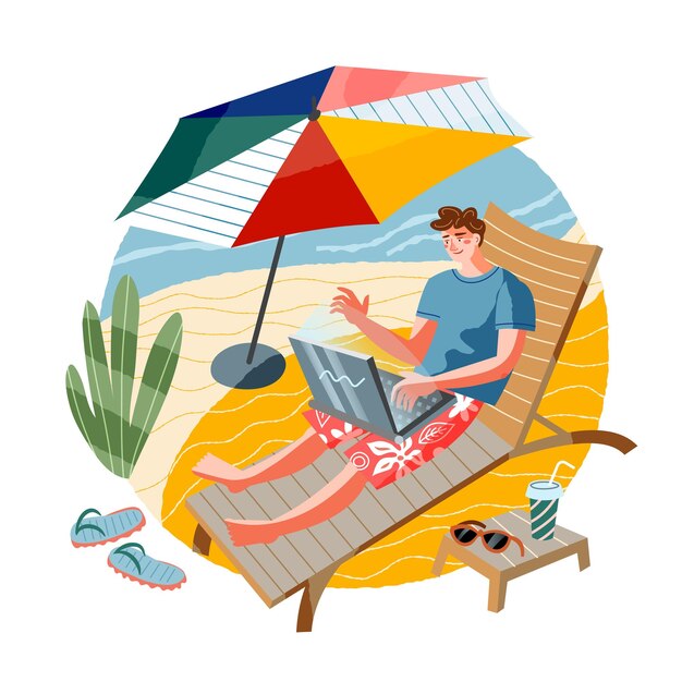 Man doing freelance work at beach young guy working with laptop on chair near sea online Modern lifestyle scene remote business workplace with comfort under umbrella