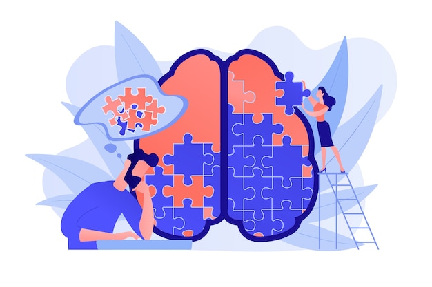 Man doing human brain puzzle. Psychology and psychotherapy session, mental healing and wellbeing, therapist counselling mental illness and difficulties violet palette. Vector isolated illustration.