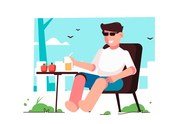 Man drinking in the garden staycation concept