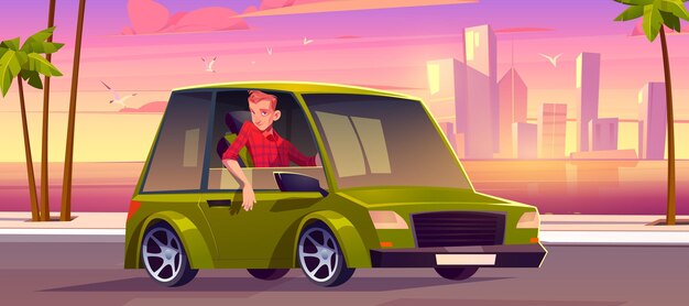 Man driving car at road with sunset cityscape view with skyscrapers and palm trees at seaside, Driver cartoon character wear red chequered shirt riding at green sedan automobile, Vector illustration