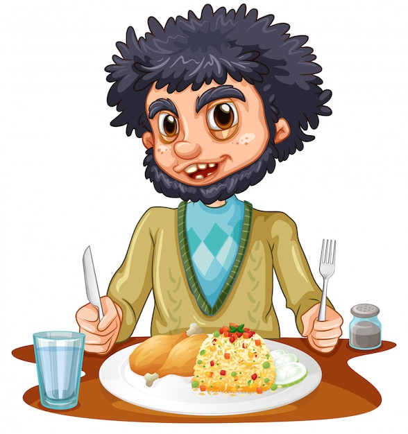 Free Vector man eating meal on the table