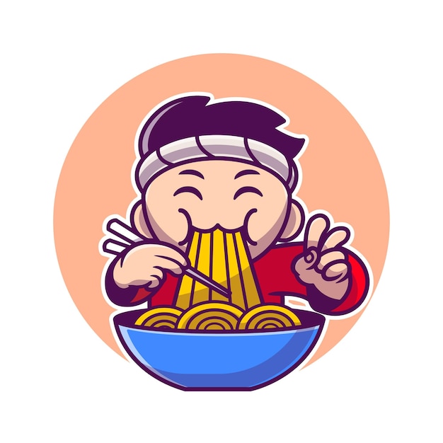 Free Vector man eating ramen noodle with chopstick cartoon