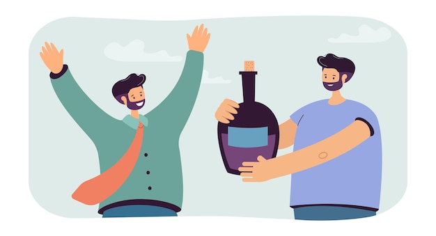 Man giving bottle of wine to his friend flat vector illustration. Male person raising hands and happy with gift. Present, surprise, alcohol concept for banner, website design or landing web page