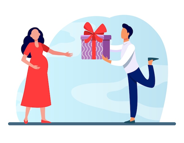 Man giving gift to his pregnant wife. Expecting couple, parents, present for baby flat vector illustration. Family, pregnancy, love