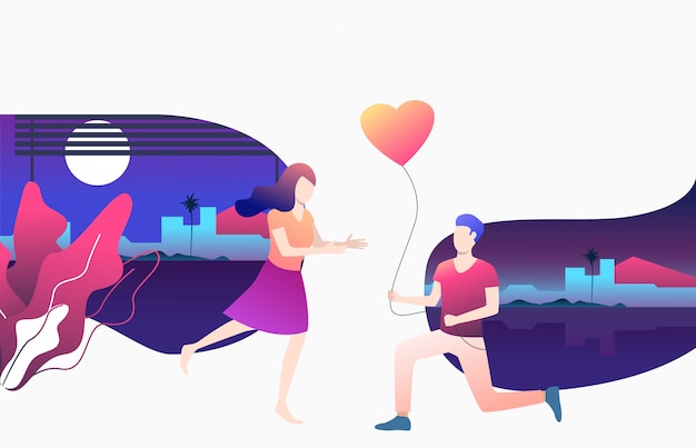 Free Vector man giving heart shaped balloon to girlfriend