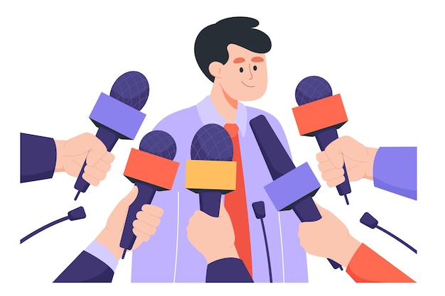 Free vector man giving interview to public press flat vector illustration. guy giving opinion and comments to mass media. journalists holding mics or microphones. television, conference concept