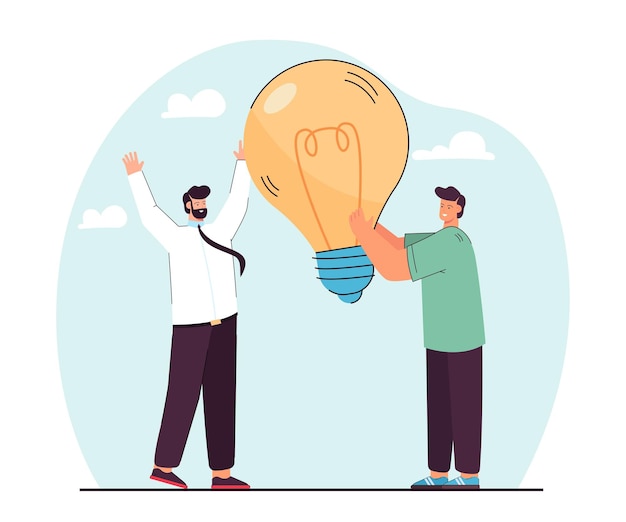 Free Vector man giving lightbulb to another man flat vector illustration